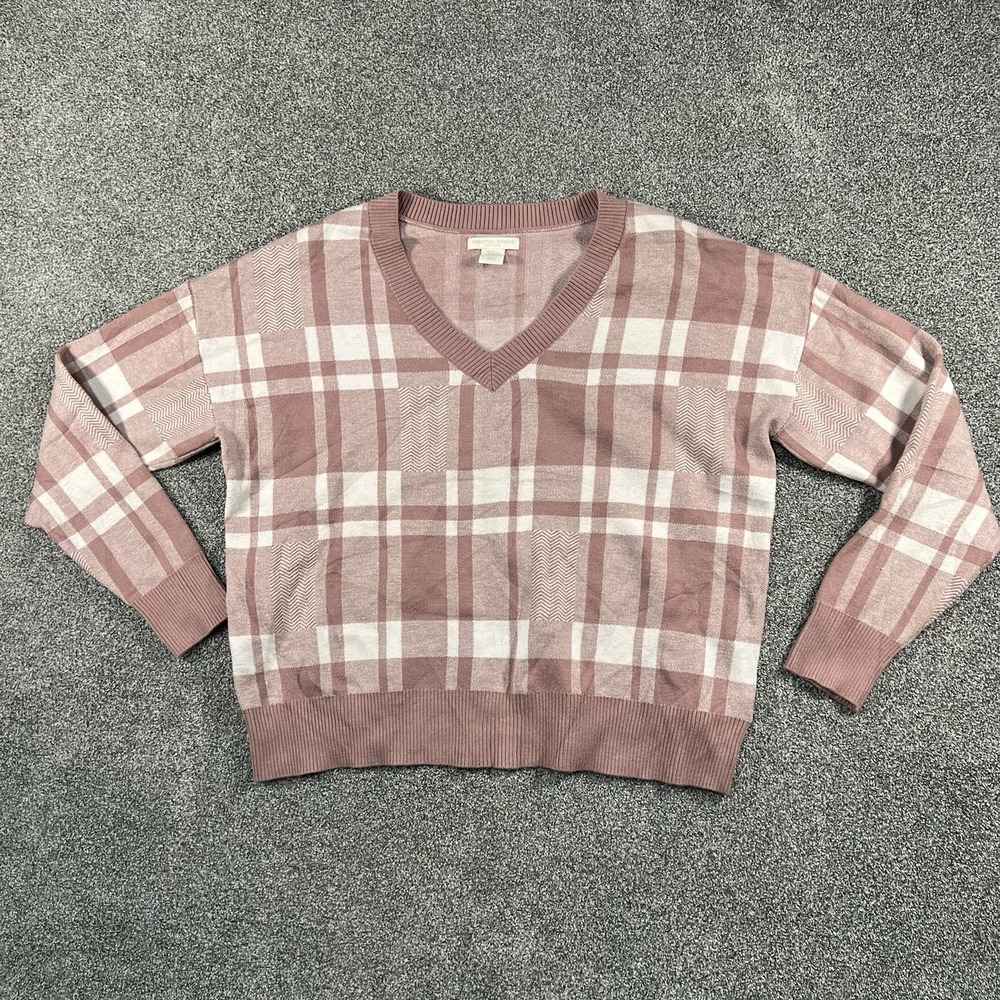 Christian Siriano New York Womens XL Sweater Pink Plaid V Neck Pullover Knit